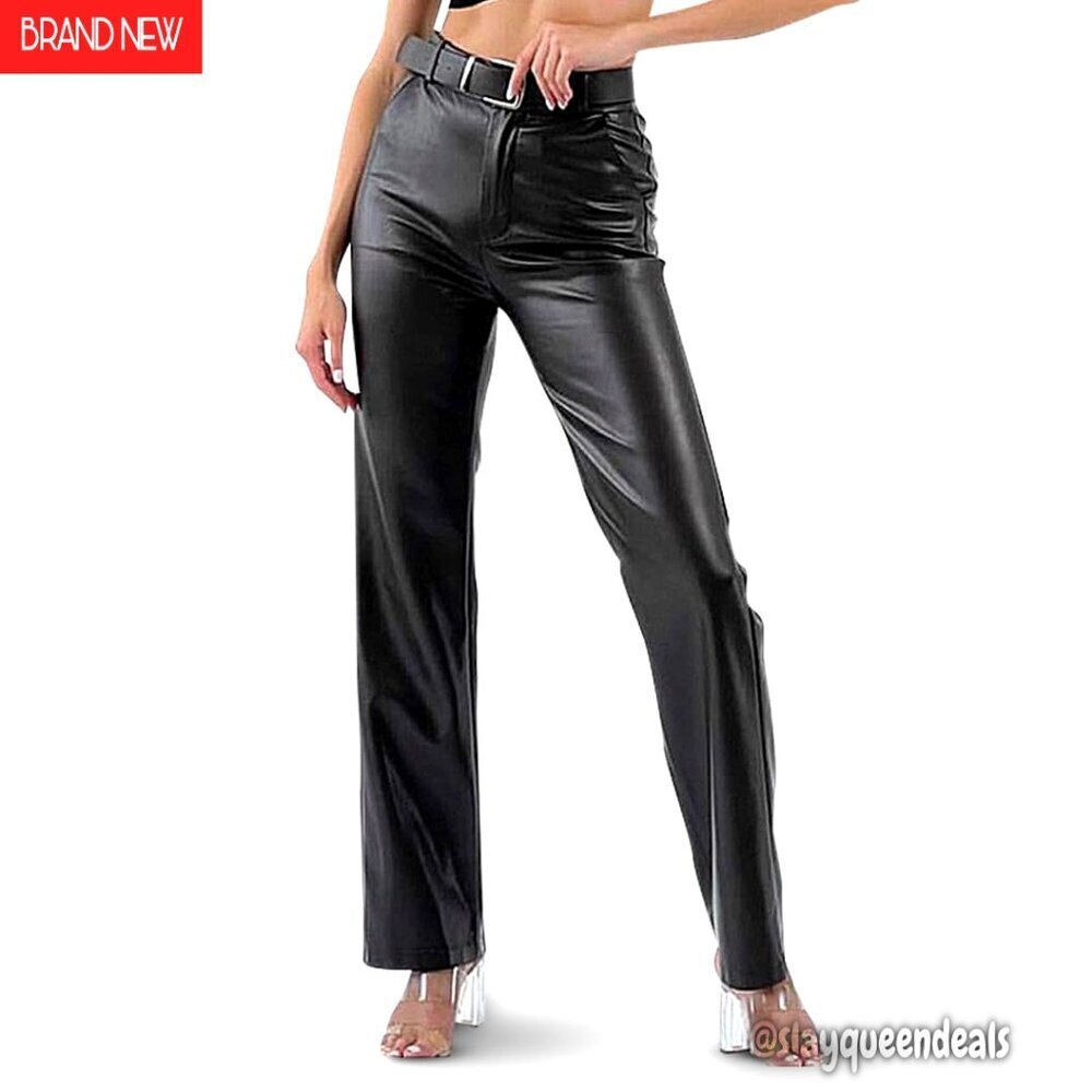 High Waist Straight Leg Faux Leather Pants with Pockets and Belt